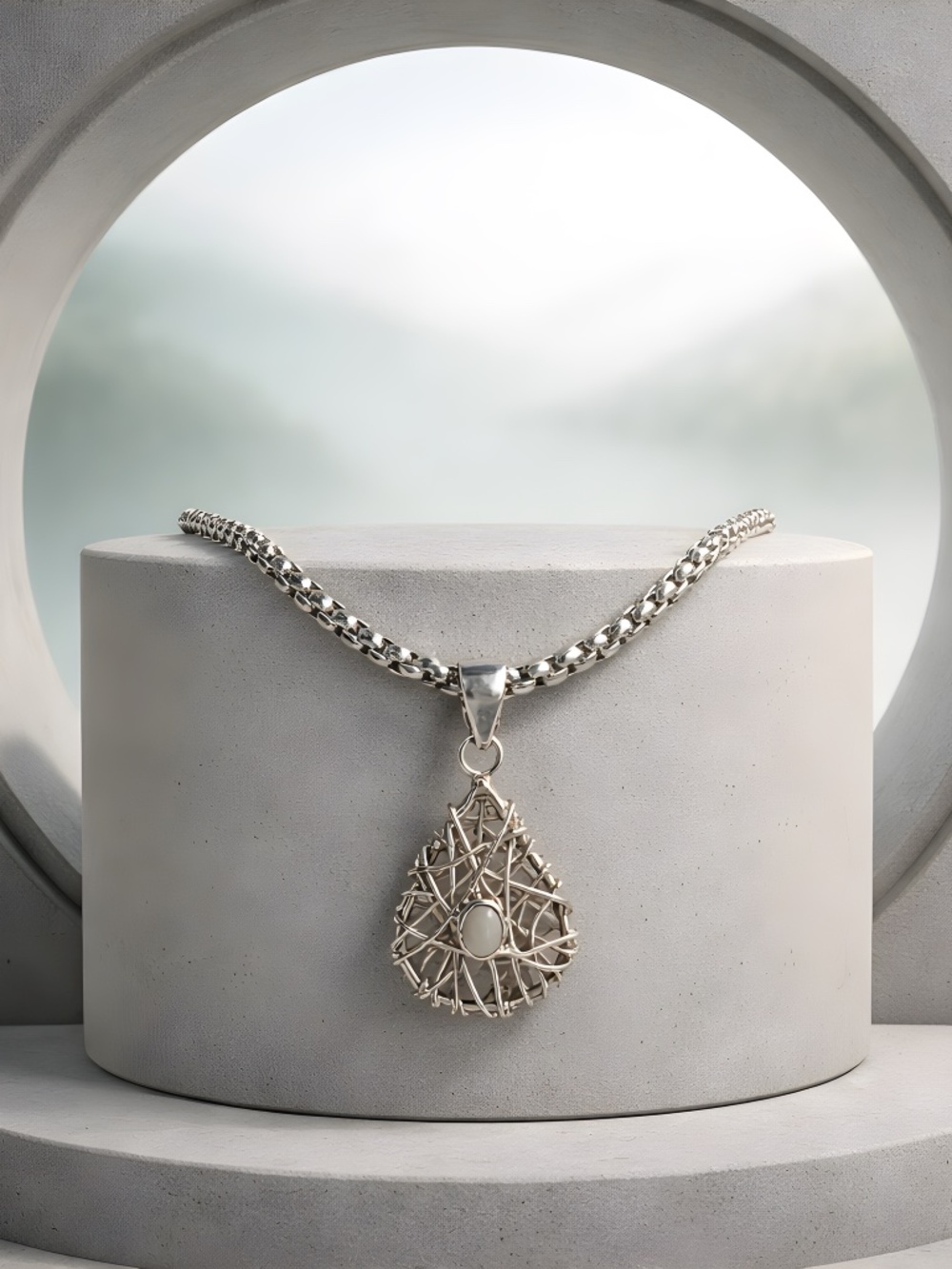 Intricate 925 Sterling Silver Necklace with Opal Centerpiece